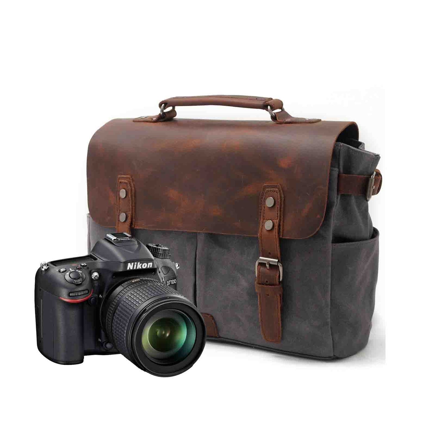 Canvas Camera Bag With Vintage Leather Cover